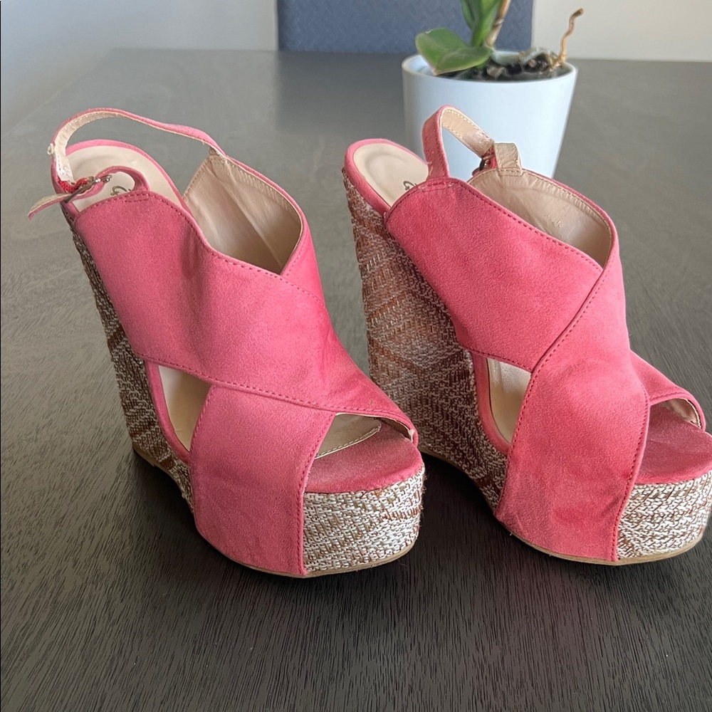 Qupid Pink and Tan Wedge Sandals